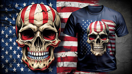 t-shirt illustration of a skull with the colors of the US flag painted on the face.