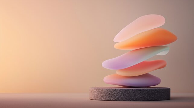 3D abstract shapes in pastel gradients of pink, peach, and violet rests on a light peachy background, stacked above a concrete disk. Elegant copy space backdrop