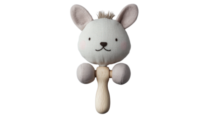 Baby rattle toy with bunny head and wooden handle on transparent background