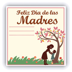 Feliz Dia de la Madre, Happy Mother's Day invitation card. Greeting card with pink background and red hearts, bold pink text and pink love heart pattern gradient background.