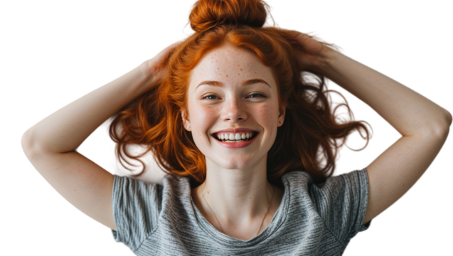 Happy redhead woman lying down