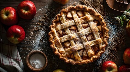 Freshly baked apple pie with lattice crust on rustic wooden table