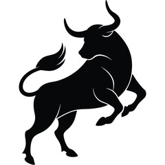 Powerful black silhouette of a bull standing on hind legs isolated on white background