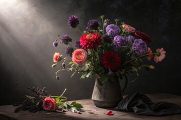Fototapeta premium Captivating still life arrangement of moody flowers against a dark background exploring soft textures and colors in a studio environment for artistic expression