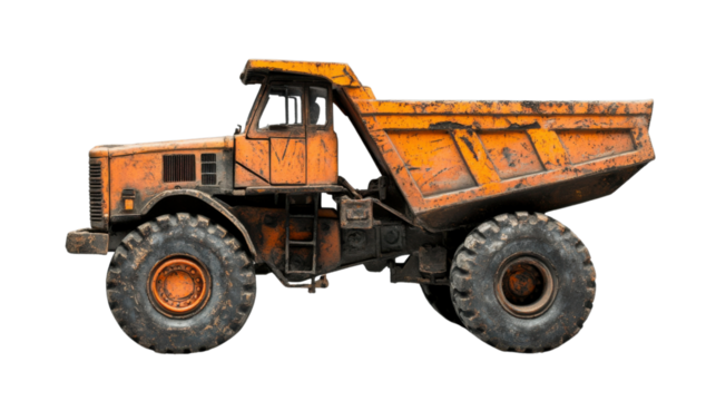 Large dumper truck covered in mud on transparent background