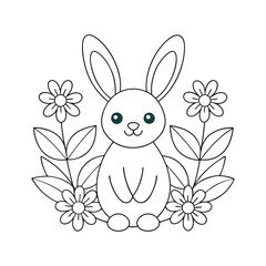 Adult Coloring Page of Rabbit Surrounded by Spring Flowers and Leaves with Thin Lines on White Background
