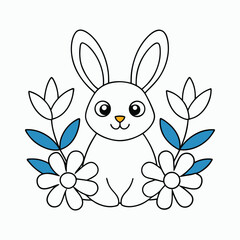 Adult Coloring Page of Rabbit Surrounded by Spring Flowers and Leaves with Thin Lines on White Background