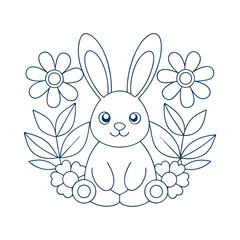 Adult Coloring Page of Rabbit Surrounded by Spring Flowers and Leaves with Thin Lines on White Background