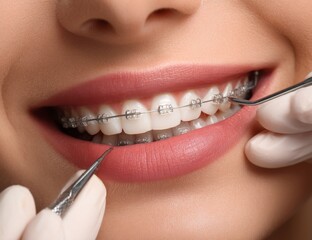 A close-up of the mouth and teeth with braces on.