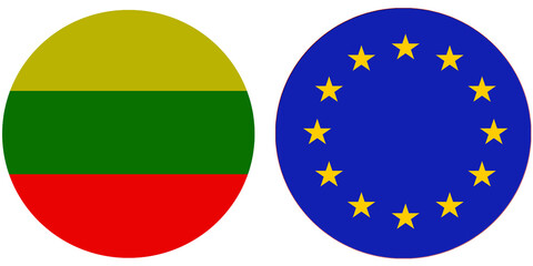 Lithuania Official Flag with European Union or Europe National flag, both countries flags are in Round shape and isolated on white background, Circular colorful design Flag with together.