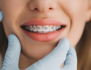 A close-up of the mouth and teeth with braces on.