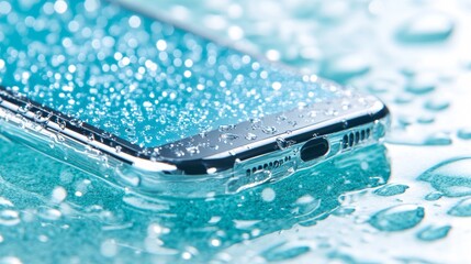 Macro of waterproof phone with droplets on screen near pool, protected by case, summer tech detail