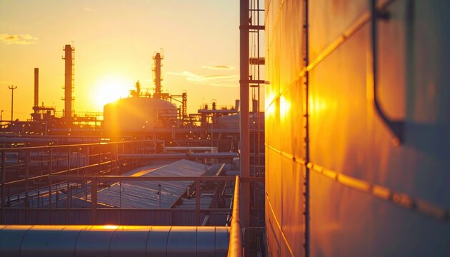 Industrial site at sunset with silhouetted structures and warm lighting - Powered by Adobe