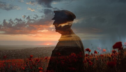 A double exposure of the silhouette of an old soldier standing among poppies at sunset.	