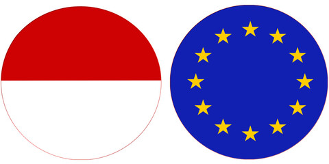 Indonesia Official Flag with European Union or Europe National flag, both countries flags are in Round shape and isolated on white background, Circular colorful design Flag with together.