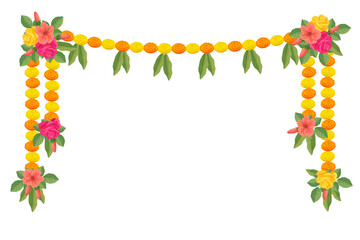 Traditional Indian floral garland with marigold flowers, roses, mango leaves. Decoration for Indian hindu holidays or wedding ceremony. Isolated on white. Vector illustration.