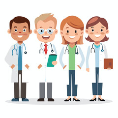 Smiling healthcare professionals in white coats and stethoscopes representing medical team