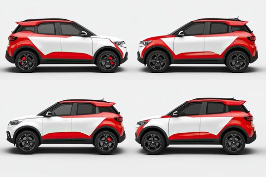 Four profile views of a small SUV with red and white vinyl wrap