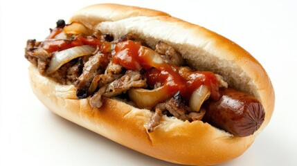 South African-style hot dog with boerewors, grilled onions, and tomato sauce in a roll, placed against a clean white background.