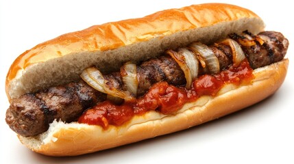 South African-style hot dog with boerewors, grilled onions, and tomato sauce in a roll, placed against a clean white background.