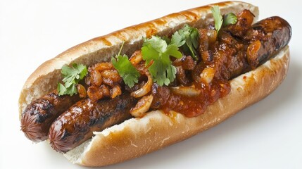 South African-style hot dog with boerewors, grilled onions, and tomato sauce in a roll, placed against a clean white background.