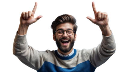 Happy Man Gesturing, Pointing Upwards