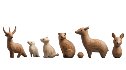 Wooden animal figurines representing wildlife on transparent background