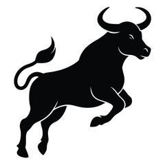 A powerful black silhouette of a bull charging forward with its curving horns upward