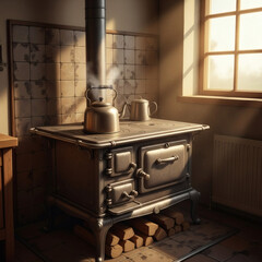 Illustrated vintage kitchen interior with rustic details and retro furniture
