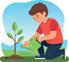 Boy Watering Young Plant Outdoors in Nature Landscape Illustration Vector 