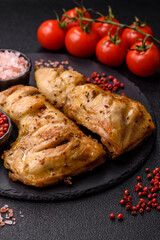 Grilled chicken leg or quarter. Barbecued meat with salt and spices