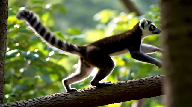 A lemur running through treetops with powerful, acrobatic leaps