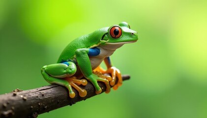 Green tree frog perched on white, vibrant color , isolated frog, wet