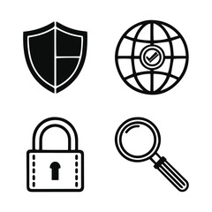 Security & Verification Icons: Shield, Globe, Padlock & Magnifying Glass