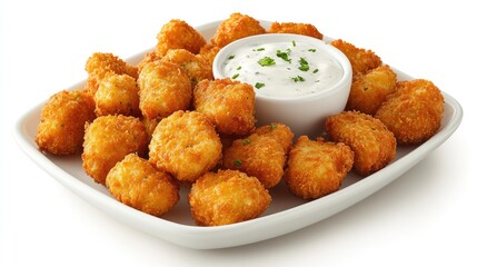Crispy snoek croquettes with a creamy dipping sauce, plated creatively on a white dish and photographed on a white background.