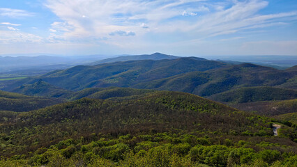 Naklejka premium Mountain landscape with rolling hills and forested ridges under a partly cloudy sky. Shot in the Rhodope Mountains, Bulgaria.