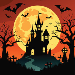 Spooky halloween scene with haunted castle bats moon and creepy tombstones in silhouette