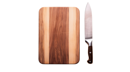 Empty wooden cutting board and sharp knife lying on transparent background