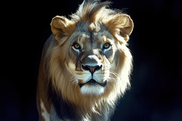 Naklejka premium Frontal Lion Portrait: Elegant, Majestic King of the Jungle