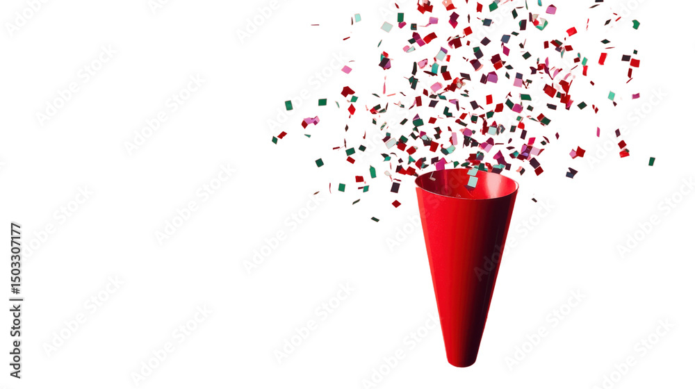 Wall mural red party popper exploding with colorful confetti on transparent background