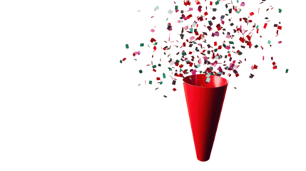Red party popper exploding with colorful confetti on transparent background