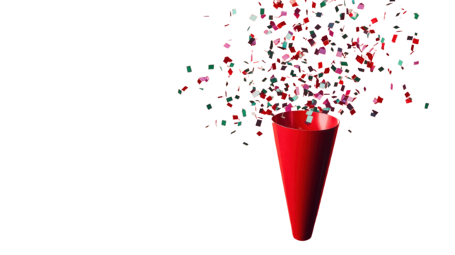 Red party popper exploding with colorful confetti on transparent background