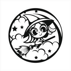 cute cartoon witch flying on a broomstick  pastel 