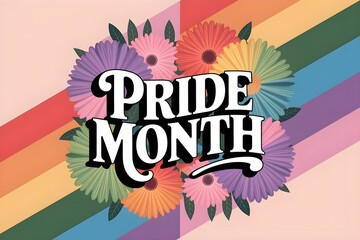 Pride Month text englazed over a rainbow background decorated with flowers, Pride Month celebrations, LGBTQ art