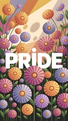 Pride Month text englazed over a rainbow background decorated with flowers, Pride Month celebrations, LGBTQ art