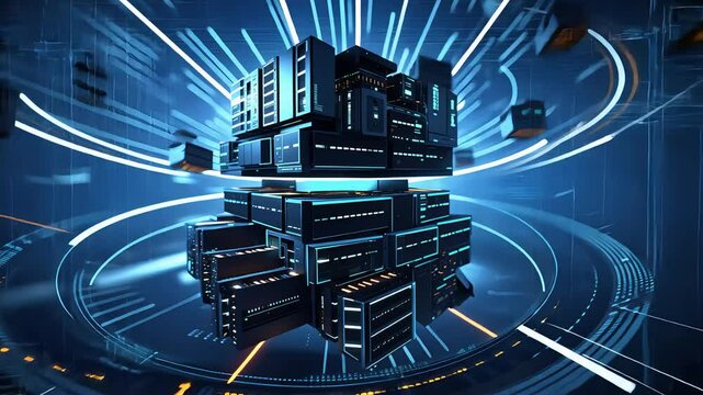 Futuristic digital server cube with glowing blue lines and high-tech data circuits floating in virtual space, surrounded by energy rings

