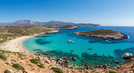 Fototapeta premium Greek seaside with a sandy beach and a boat, perfect for a relaxing vacation.