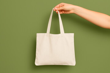 Woman hand holding reusable eco friendly canvas tote bag. Blank fabric pouch for shopping on green background. Sustainable living concept for mock up design. International Plastic Bag Free Day