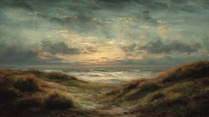 Romantic oil painting of a wind-swept coastline at sunset.