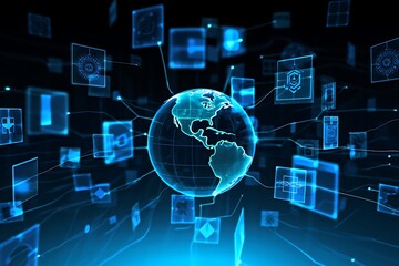 Fototapeta premium Global Network Interconnected Digital World and Data Visualization
